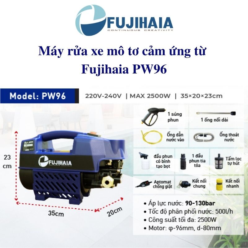 Máy rửa xe mô tơ cảm ứng từ Fujihaia PW96 rửa xe ô tô xe máy sân vườn áp lực nước cao công nghệ Nhật Bản
