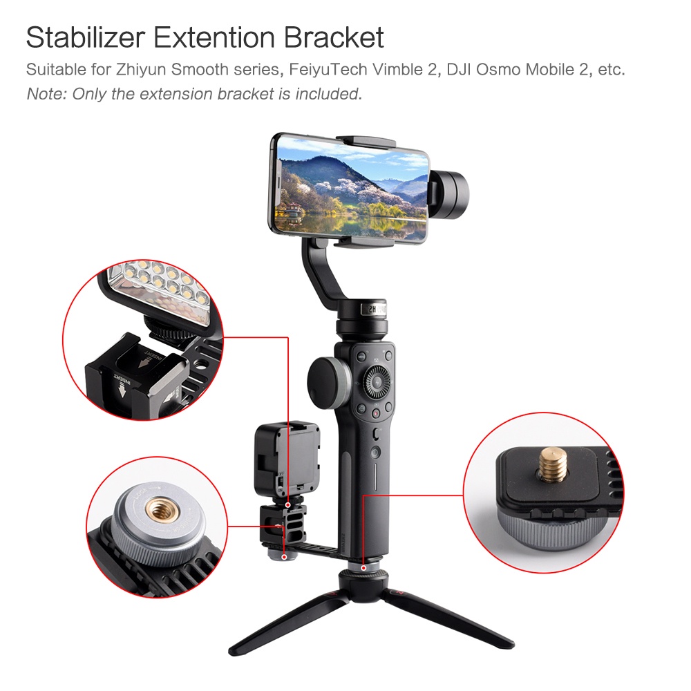 Universal Aluminium Alloy Gimbal Extention Bar Bracket Adapter with 4 Cold Shoe Mount 1/4 Inch Screw Adapter for LED Video Light Microphone for Zhiyun Smooth Series FeiyuTech Vimble 2 DJI Osmo Mobile 2 Gimbal Handheld Stabilizer Accessories