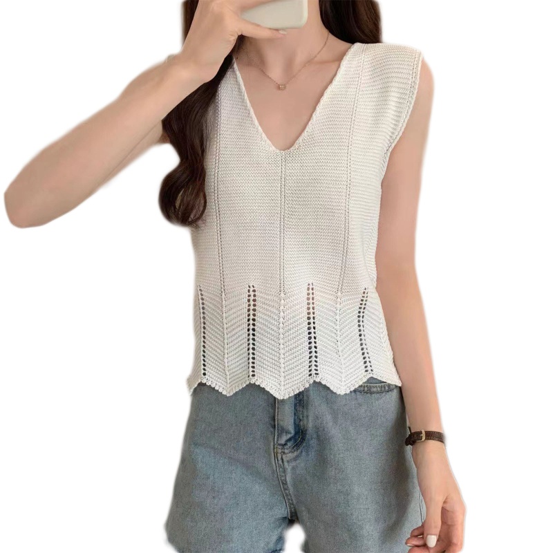 Xiangbao Áo Sweater Dệt Kim Sát Nách Cổ Chữ V Màu Trơn Viền Lượn Sóng Rỗng Gợn