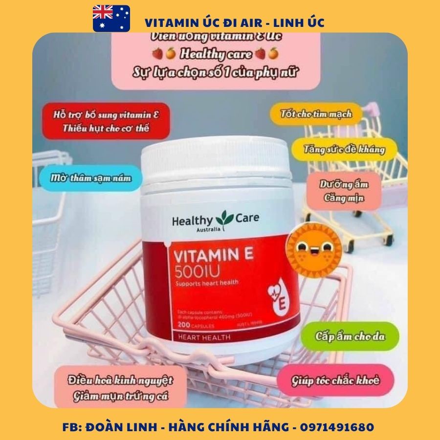 Viên uống đẹp da, hỗ trợ sức khỏe Healthy Care Vitamin E - Hộp 200 viên, Hàng Chuẩn Úc Đi Air, Healthy Care vitamin E
