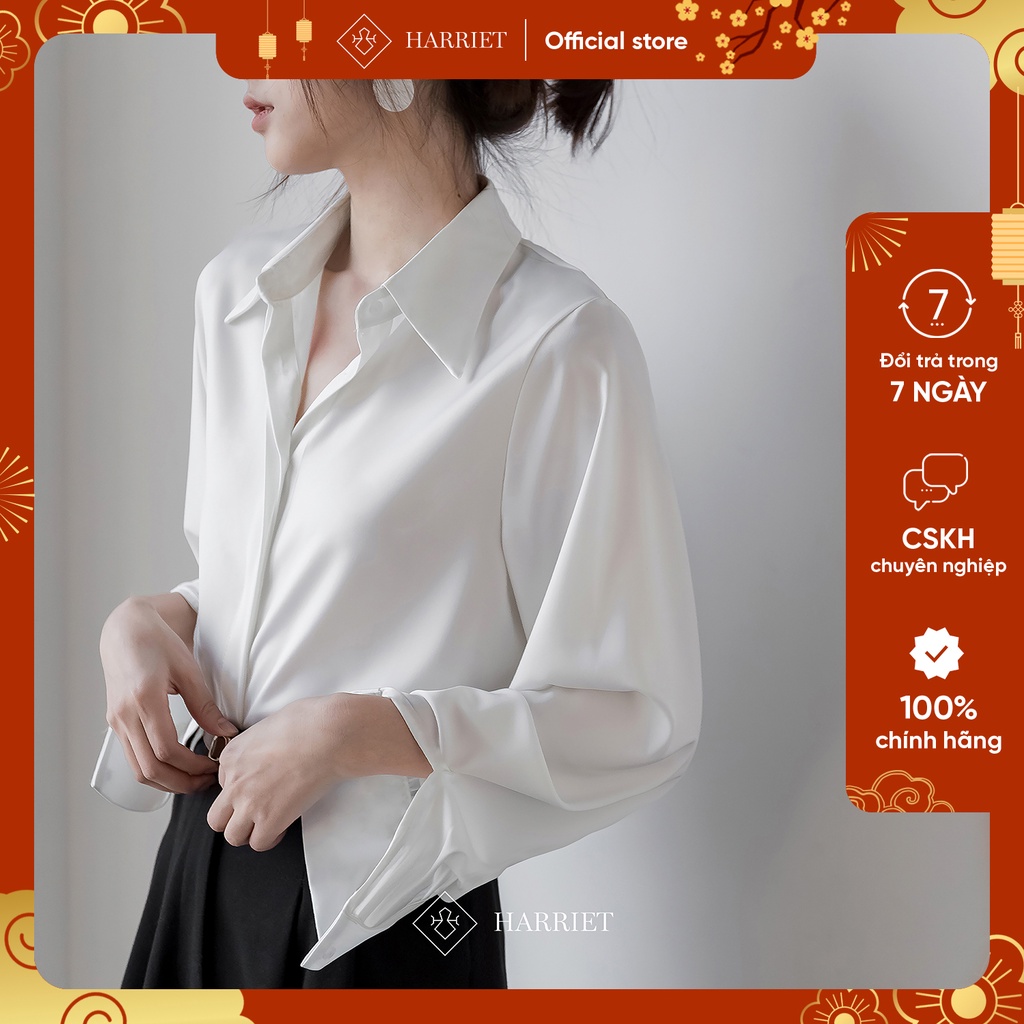 [Mã BMBAU50 giảm 7% đơn 99K] Áo sơ mi nữ công sở cơ bản trắng mịn cổ đức giấu cúc Jill Harriet