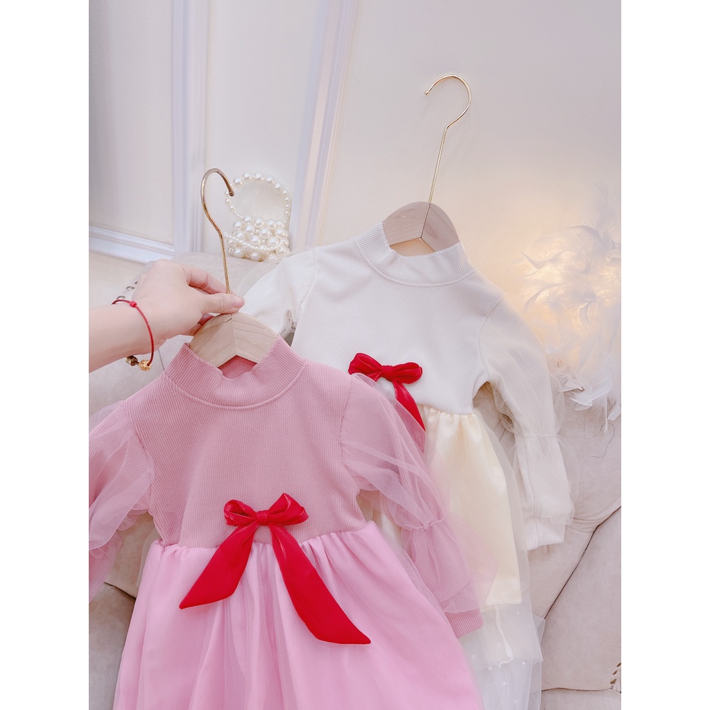 Váy thu đông bé gái, váy len nhung phối ren nơ đỏ chất siêu mềm cho bé