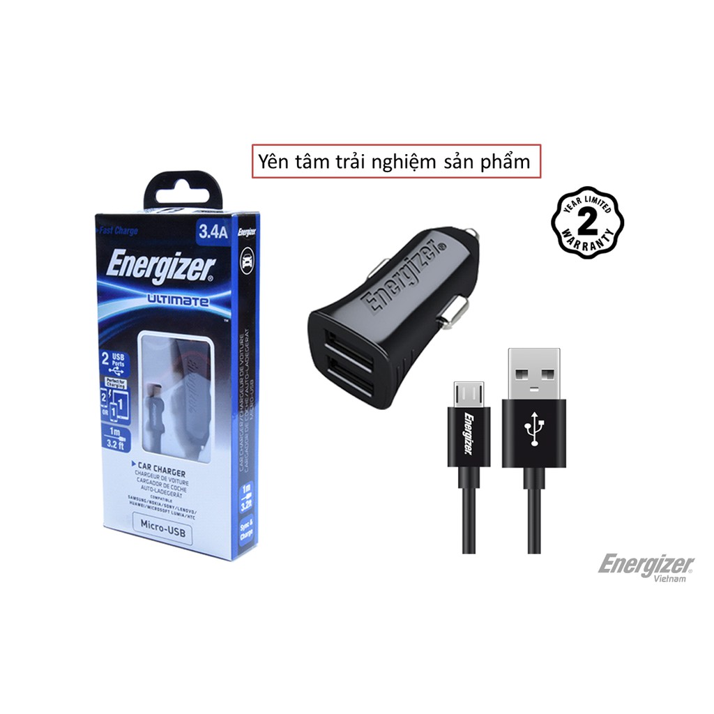 Sạc Ô tô Energizer UL 3.4A 2 USB + 1 Cáp Micro USB - DCA2CUMC3 - Chính Hãng (Màu Đen)