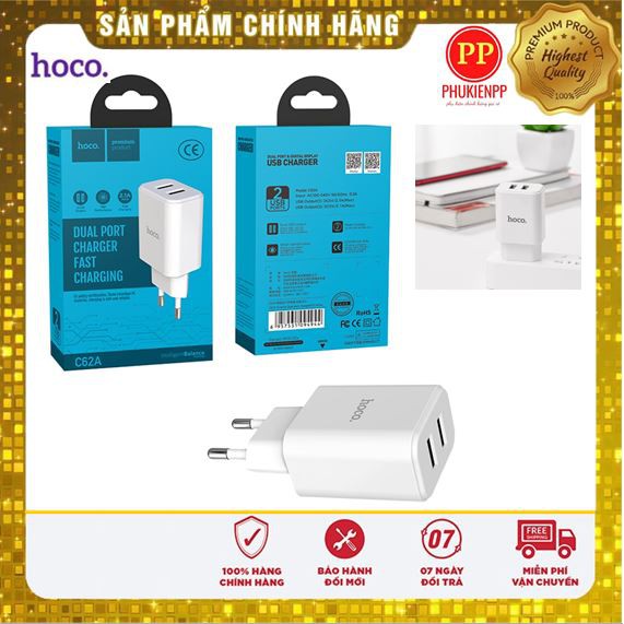 Cốc sạc, Củ Sạc Nhanh 2 Cổng Hoco C62A 3.0A - IC nhận dạng thông minh, đáp ứng yêu cầu thiết bị sạc