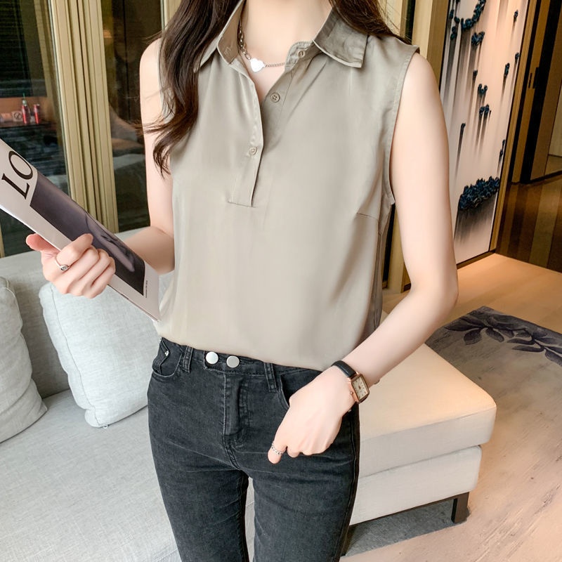 Áo Sơ Mi Trơn Không Tay 165482 Áo Sơ Mi Cổ Bẻ Dáng Rộng Thiết Kế Đơn Giản Dễ Phối Đồ