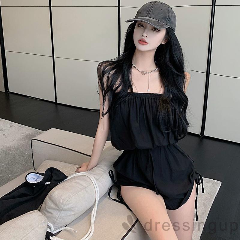 Áo Liền Quần Lưng Cao Trễ Vai Phối Dây Rút Thời Trang Xuân Thu Cho Nữ