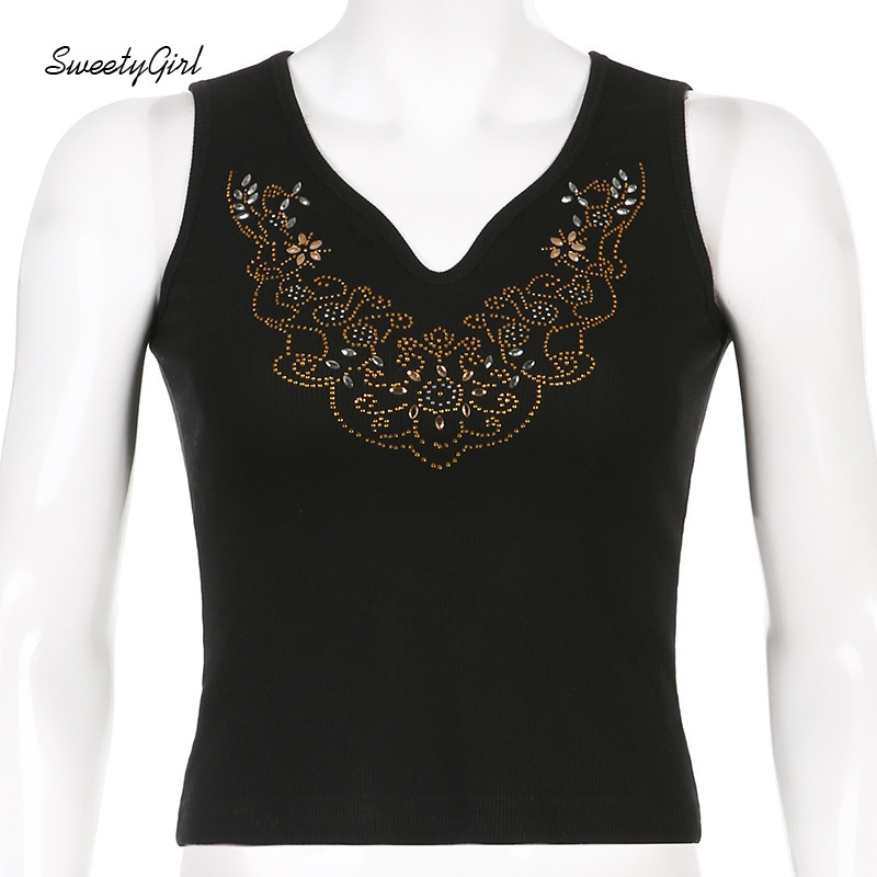 Áo Hai Dây Cổ Chữ V Đính Đá Phong Cách Retro Dành Cho Nữ