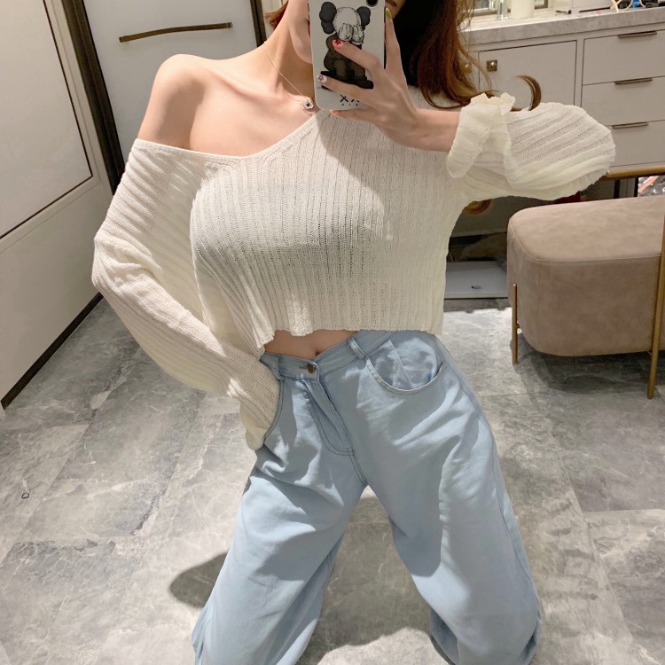 Áo sweater tay dài dáng rộng phong cách phương tây dễ phối đồ