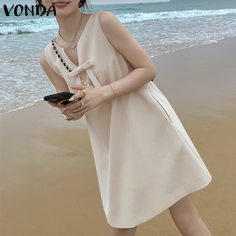 Đầm VONDA dáng chữ A không tay màu trơn phong cách Hàn Quốc thời trang mùa hè dành cho nữ 
