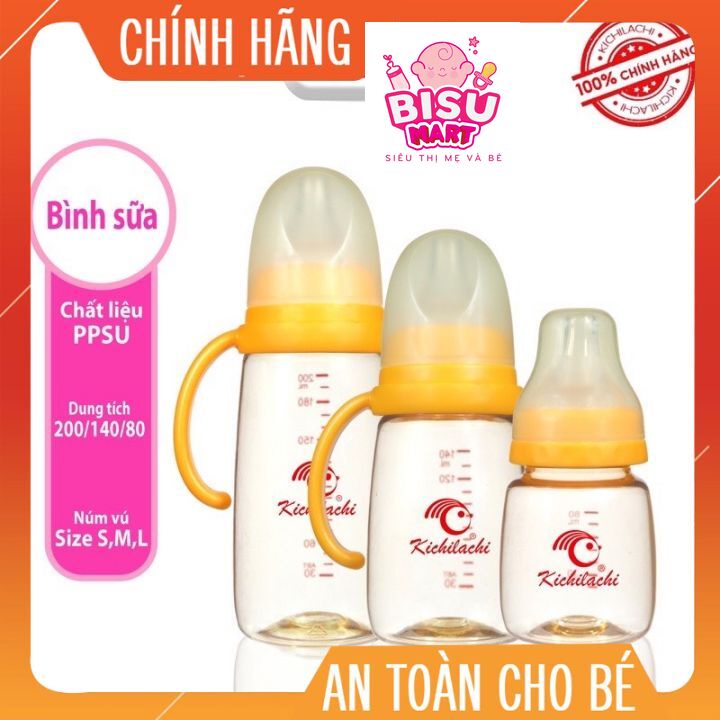 Bình sữa PPSU cổ hẹp cao cấp Kichi 80ml - 140ml - 200ML có tay cầm