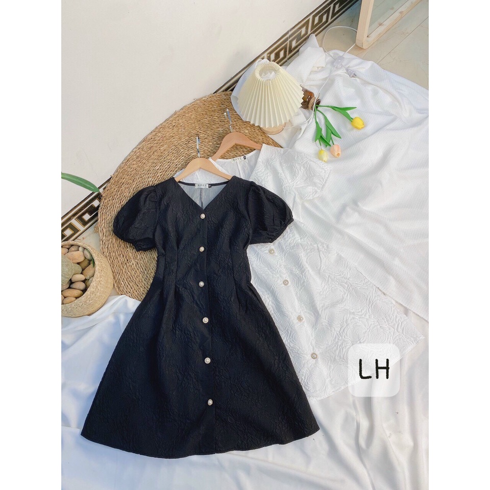 Đầm Nữ Bigsize  Tay Bồng Thiết Kế Cổ Chữ V Trắng/ Đen Chất Liệu Nhập Nổi 3D Đi Tiệc Kỷ Yếu Tết