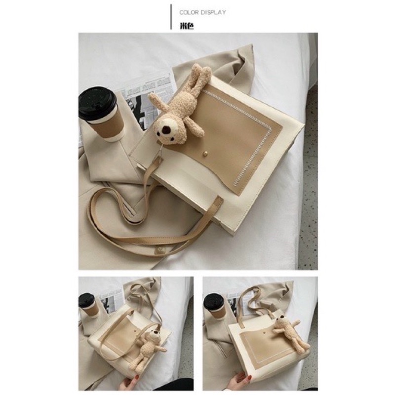 Túi Tote Kèm Gấu Dễ Thương, Túi Công Sở Nữ Phong Cách Hàn Quốc