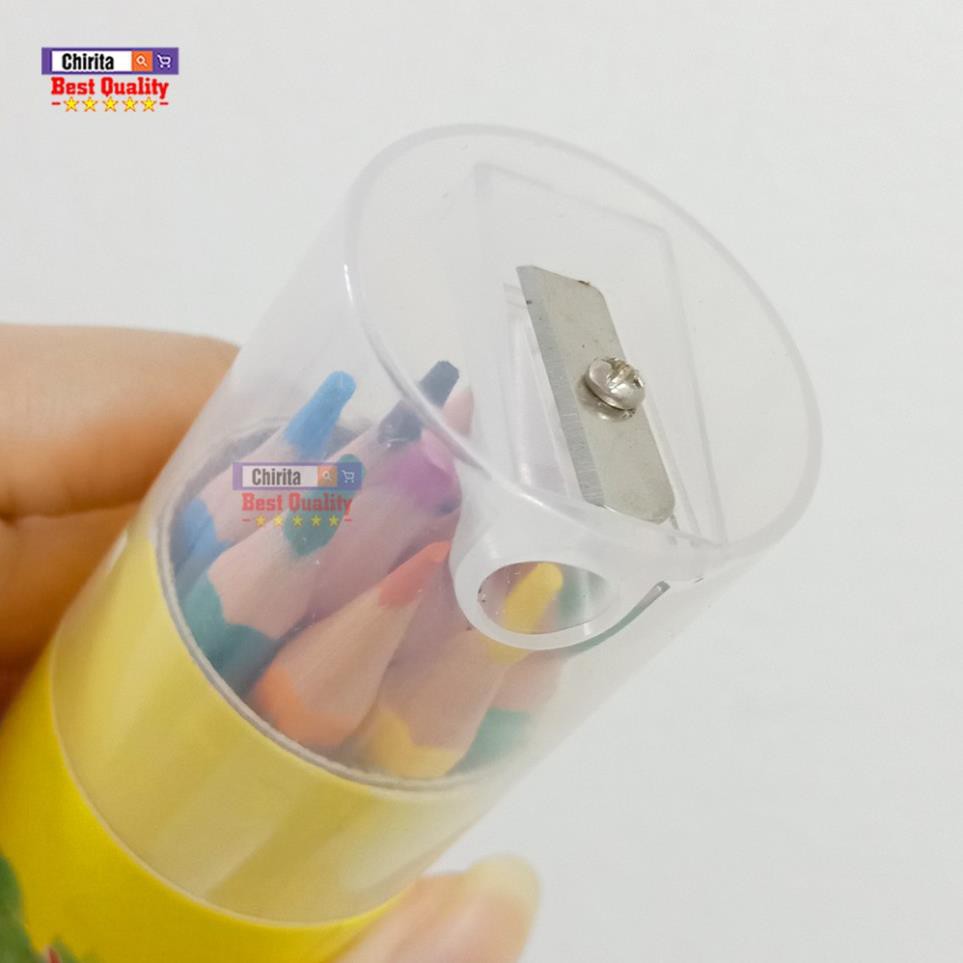 Hộp Viết Chì Màu Gỗ 12 Màu Chì Tươi - Kèm Chuốt Trên Nắp Lon