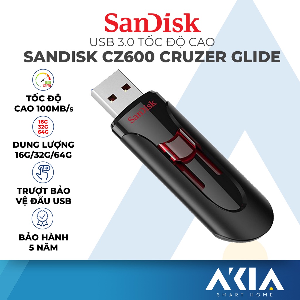 USB 3.0 Sandisk CZ600 64GB / 32GB / 16 GB cruzer glide, tốc độ cao 100MB/s - bảo hành chính hãng 5 năm