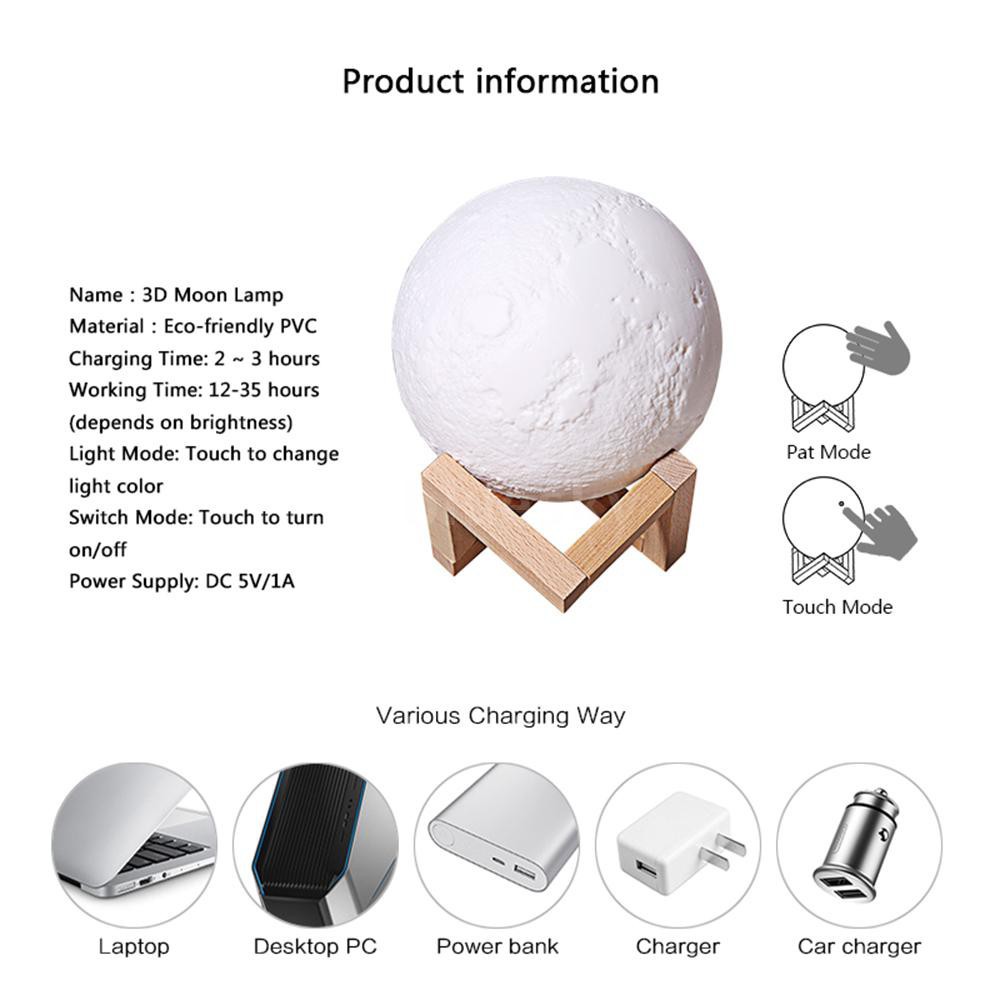 2020SKY 3 Colors 3D Printing Moon Light Lunar Night Lamp Warm & Cool White Dimmable Touch Control Home Decorative Light