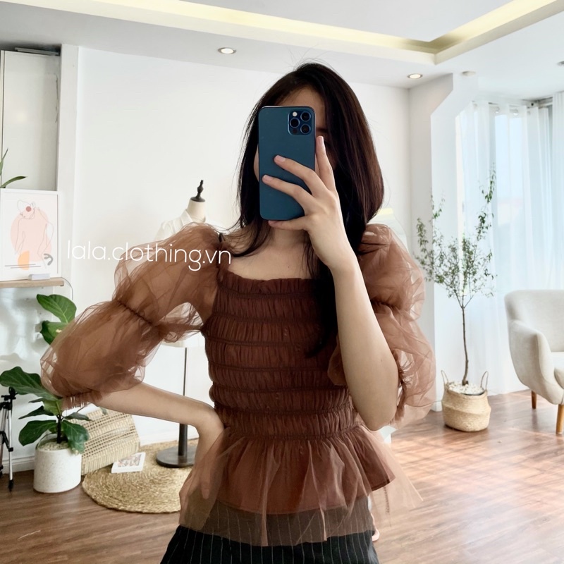 (SẴN) Áo voan nâu trầm cổ vuông tay phồng