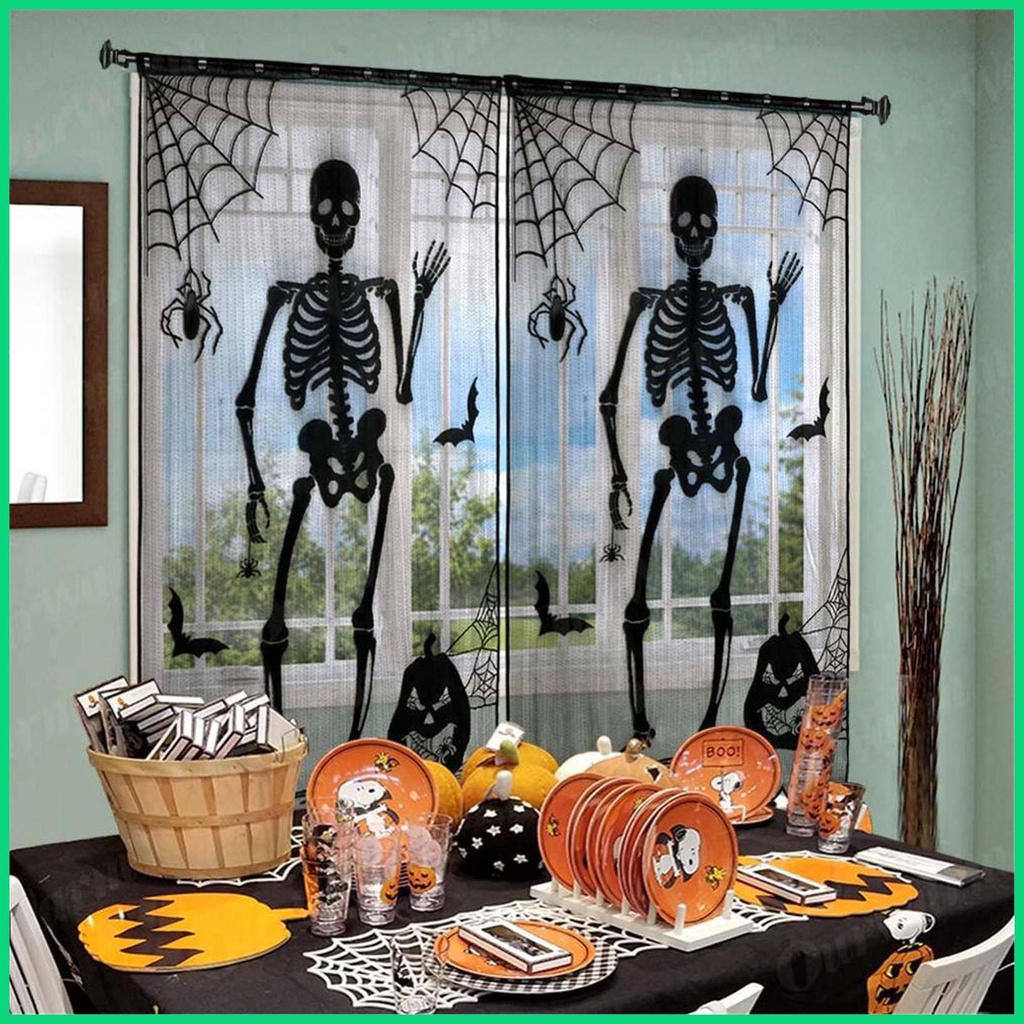 Rèm Cửa Sổ Ren Đen Hình Bộ Xương Người Dơi Bay Cho Halloween