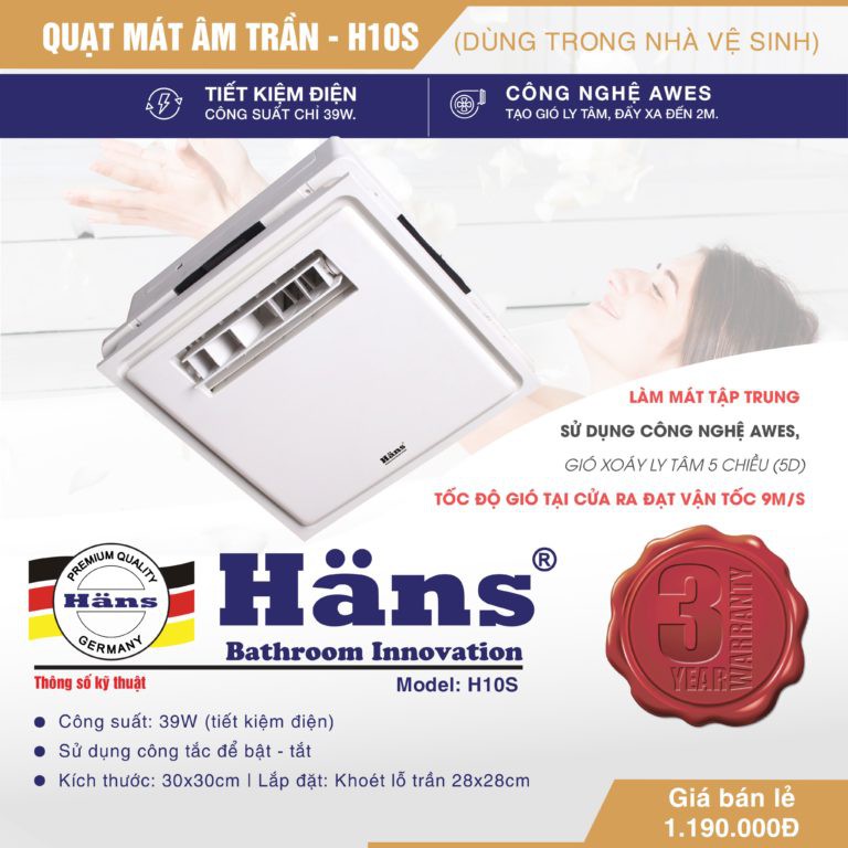 Quạt mát nhà vệ sinh âm trần Hans H10S và H10R có điều khiển từ xa