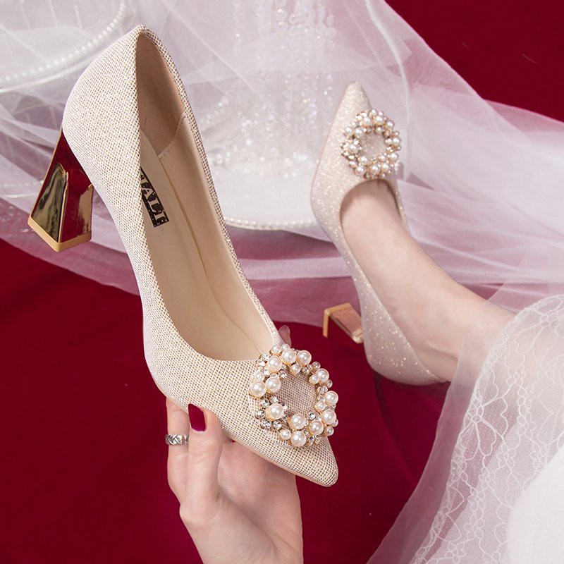 Wedding shoes women 2021 thick heel wedding bridal shoes sequin dress wedding crystal shoes pink hig