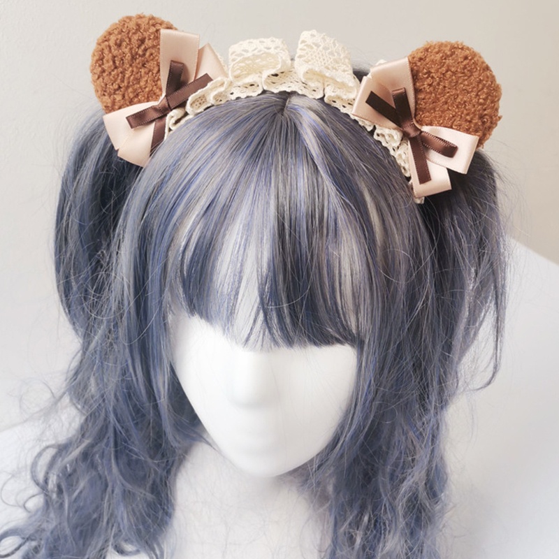 Cài tóc hình tai gấu phối ren đính nơ phong cách lolita cho nữ