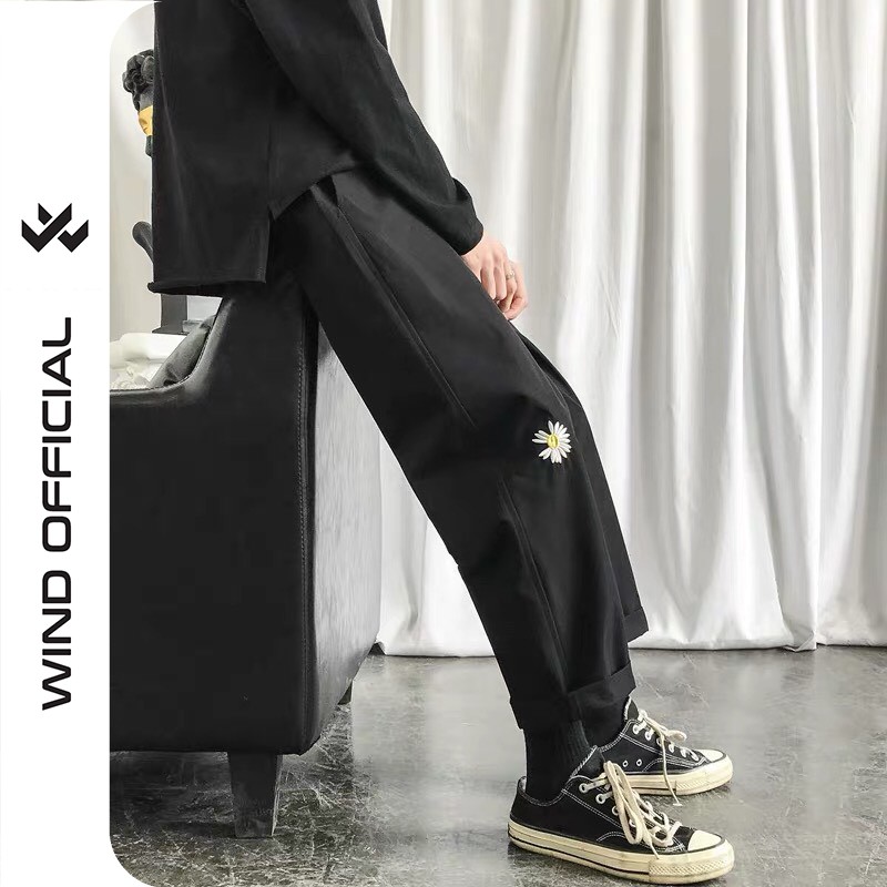 Quần baggy Wind unisex kaki ống suông Thêu Hoa Cúc nam nữ form rộng ullzang