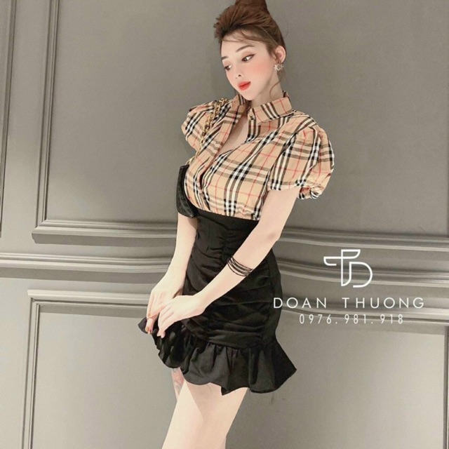 Set cv nhún + áo sơ mi tay phồng