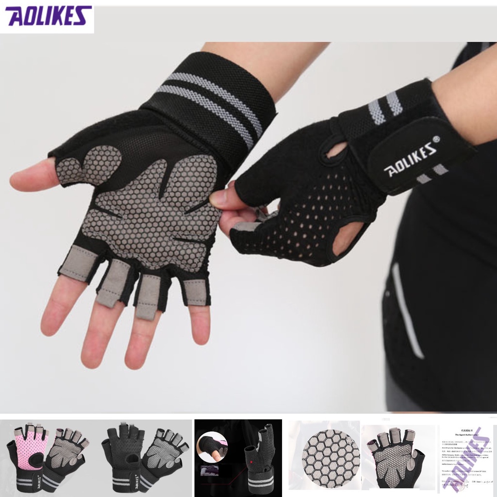Găng tay tập gym aolikes 113 (1 đôi) bán sỉ, bao tay tập gym hở lưng có cuốn cổ tay, đệm lòng bàn tay chống trượt