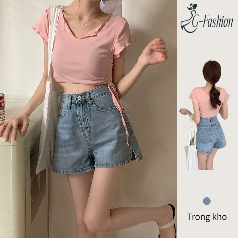 Quần Jean Đùi Lưng Cao Ống Rộng Xẻ Tà Thời Trang Hàn Quốc Cho Nữ