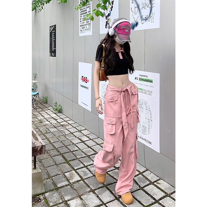 Quần Yếm Jean Hồng Dáng Rộng Nhiều Túi Phong Cách Retro Mỹ Mới Cho Nữ