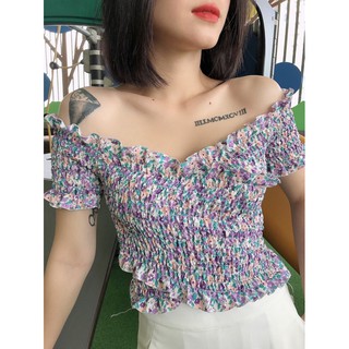 Áo croptop hoa nhún đắp chéo tay ngắn / áo nữ/ áo kiểu
