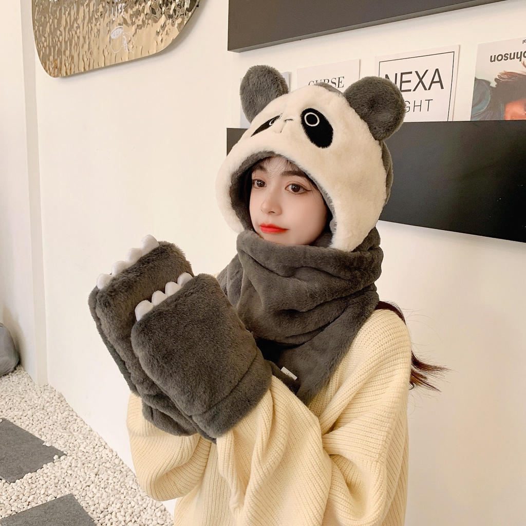 Bộ khăn choàng nón/khăn choàng cổ/khăn choàng và găng tay bằng nhung thêu hình gấu trúc thời trang thu đông 2021