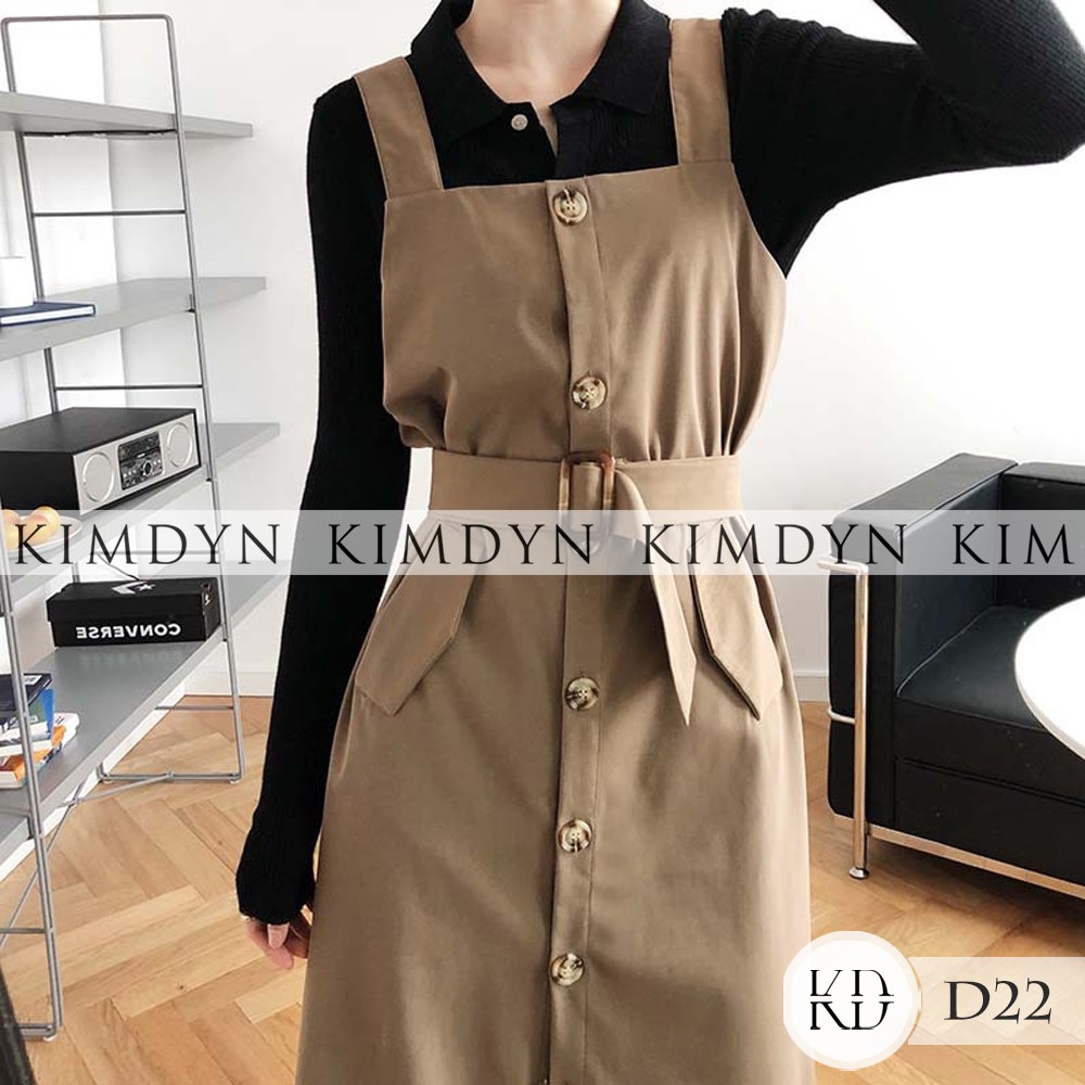 Đầm hai dây bản to thắt eo cotton KimDyn [KDD22]