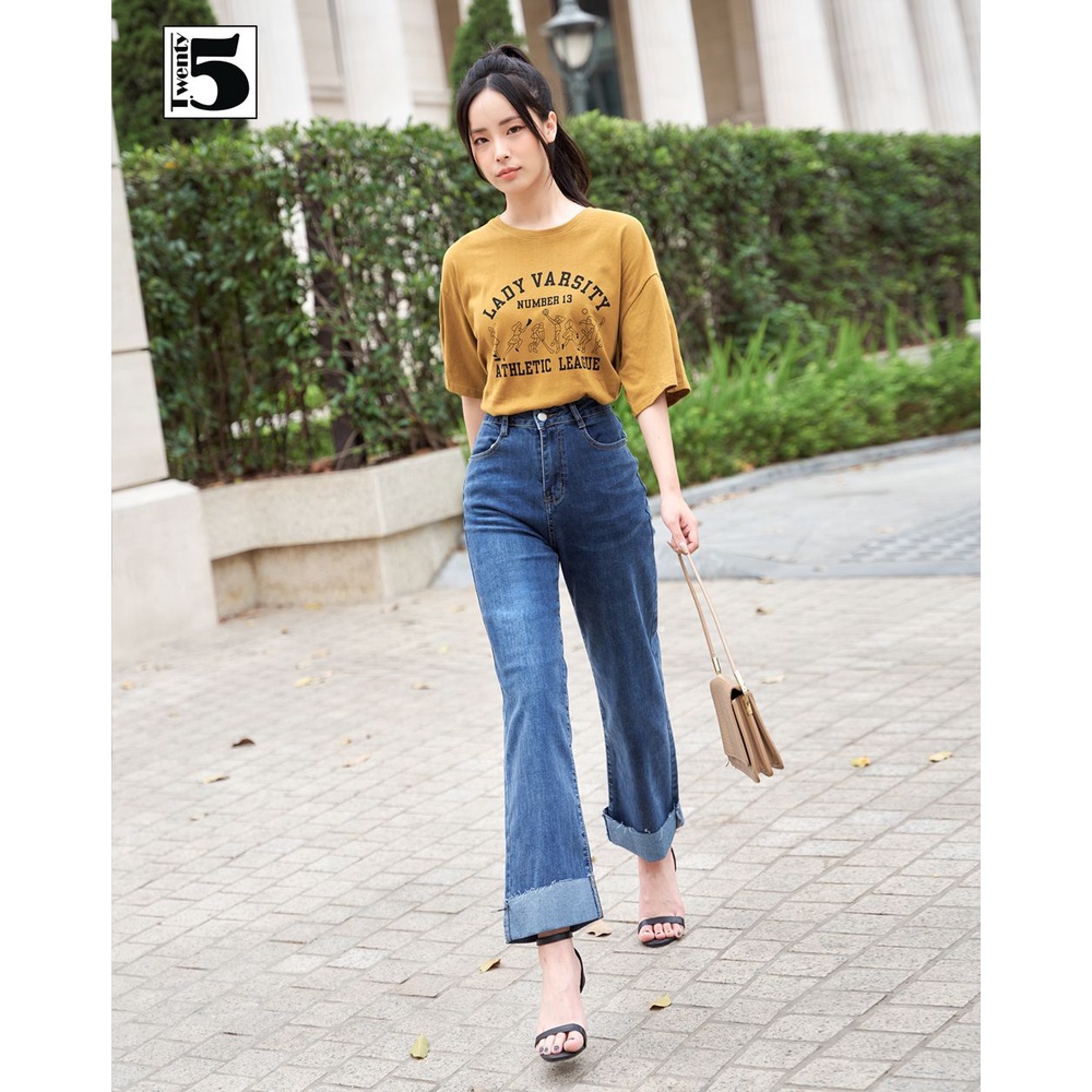 Quần jeans nữ dáng suông lưng cao gập gấu lật cá tính Twentyfive 3388M