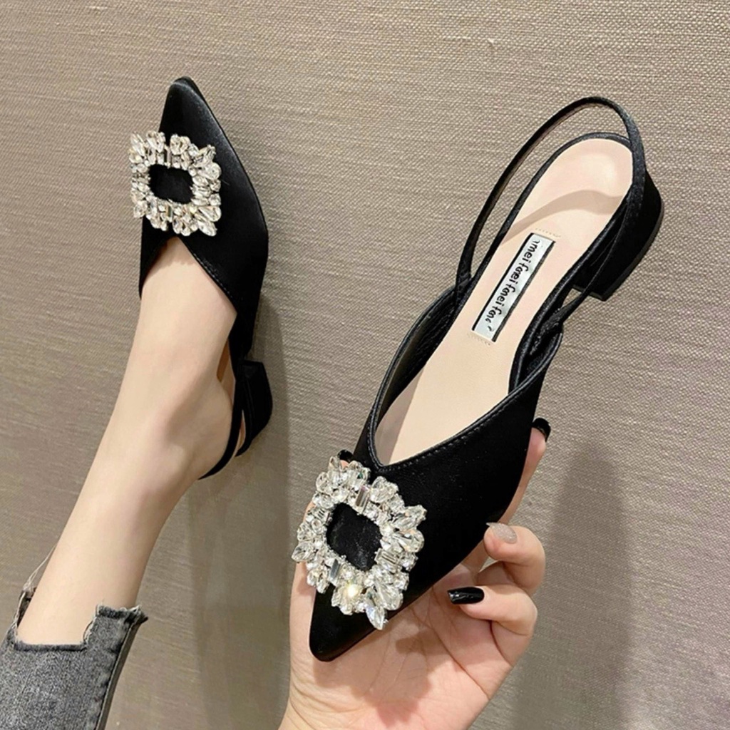 Sandal bít mũi nơ đá trắng vuông gót trụ thấp - 2P
