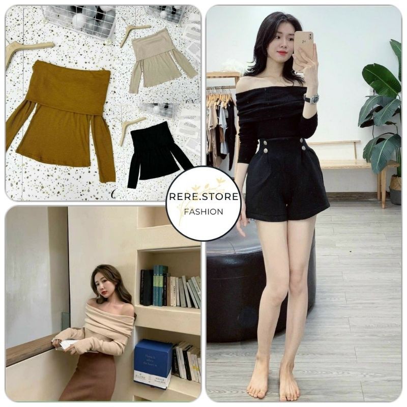 Áo trễ vai vạt gập better loại 1 phần bẹt vai dài RERESTYLE, Áo gân tăm Hàn Quốc dài tay body dáng ôm thu đông HOT A26-1