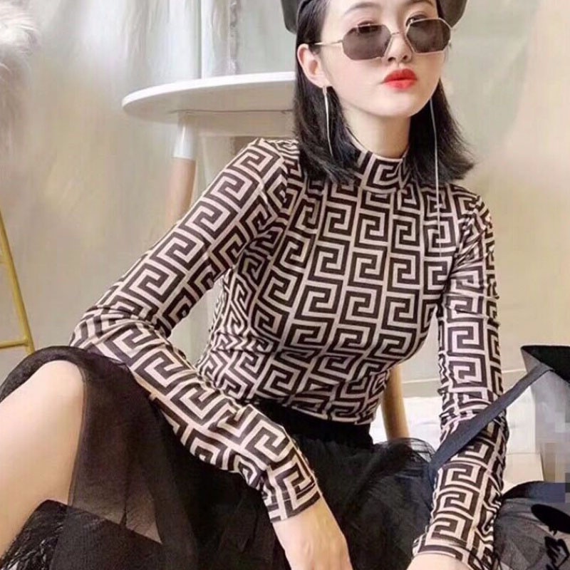 Áo Thun Dài Tay Ôm Dáng Họa Tiết Da Báo Cổ Cao Xinh Xắn Phong Cách Hàn Quốc