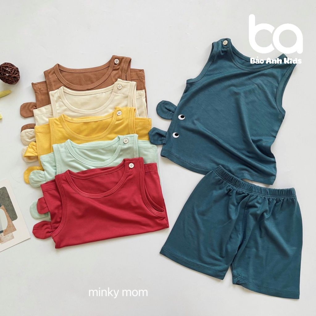 Bộ ba lỗ Tai thỏ màu trơn - Bộ thun lạnh Minky Mom mặc nhà dễ thương cho bé trai bé gái