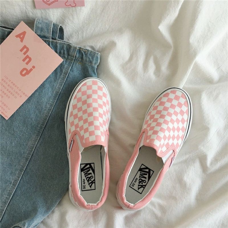 Sẵn Giày sneaker ulzzang dáng vans basic slip on checkerboard caro màu hồng pastel độc lạ