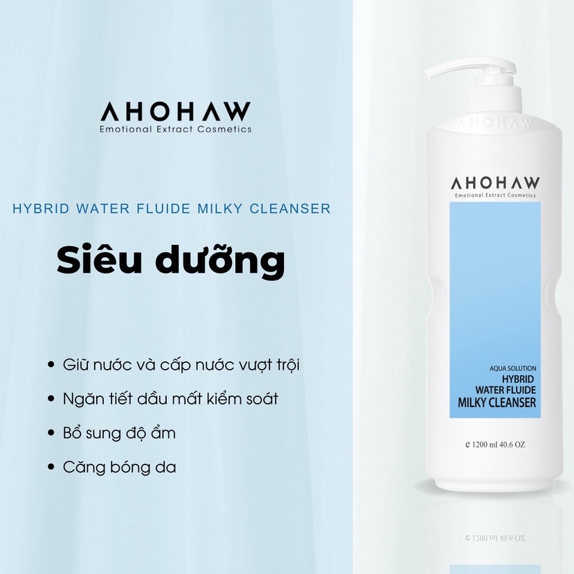 Sữa tẩy trang Ahohaw 3 in 1 Cấp ẩm mịn da Hybrid Water Fluide Milky Cleanser 1200ml