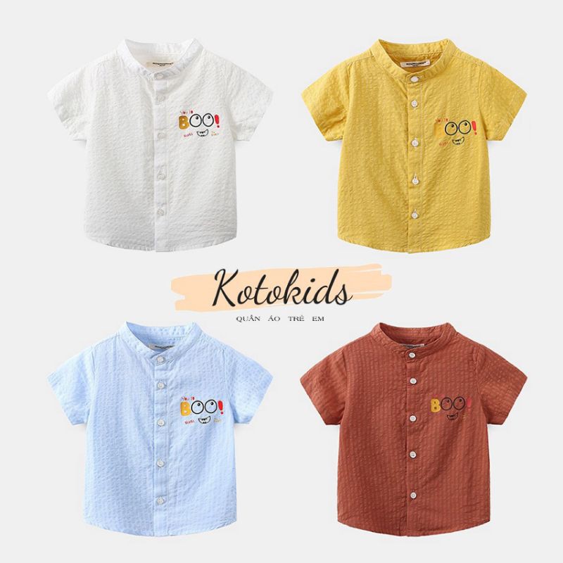 Áo sơmi cổ tầu bé trai WELLKIDS áo cộc tay họa tiết hoạt hình chất cotton cho bé TX2242