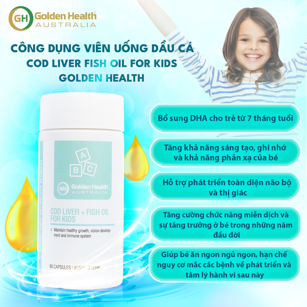 [GOLDEN HEALTH] Viên uống dầu cá Cod Liver Fish Oil For Kids - Bổ sung DHA cho trẻ từ 7 tháng tuổi trở lên (90 viên)