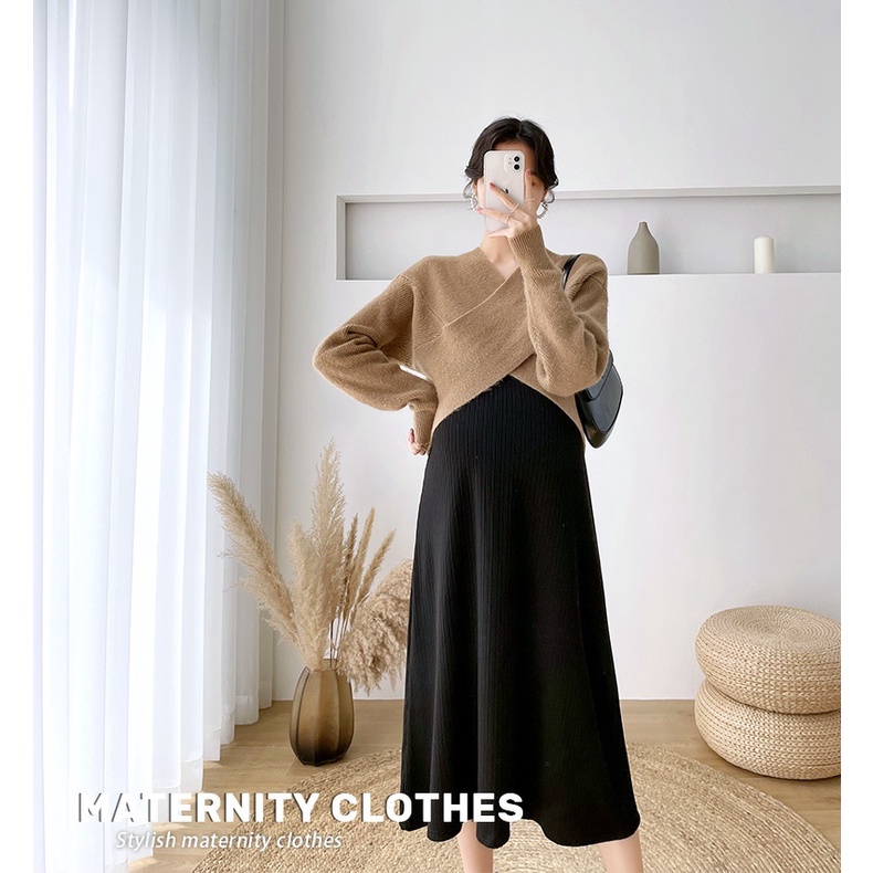 Set váy đầm bầu len kèm áo khoác croptop cao cấp phong cách mới lạ, sang trọng cá tính cho mẹ bầu thu đông