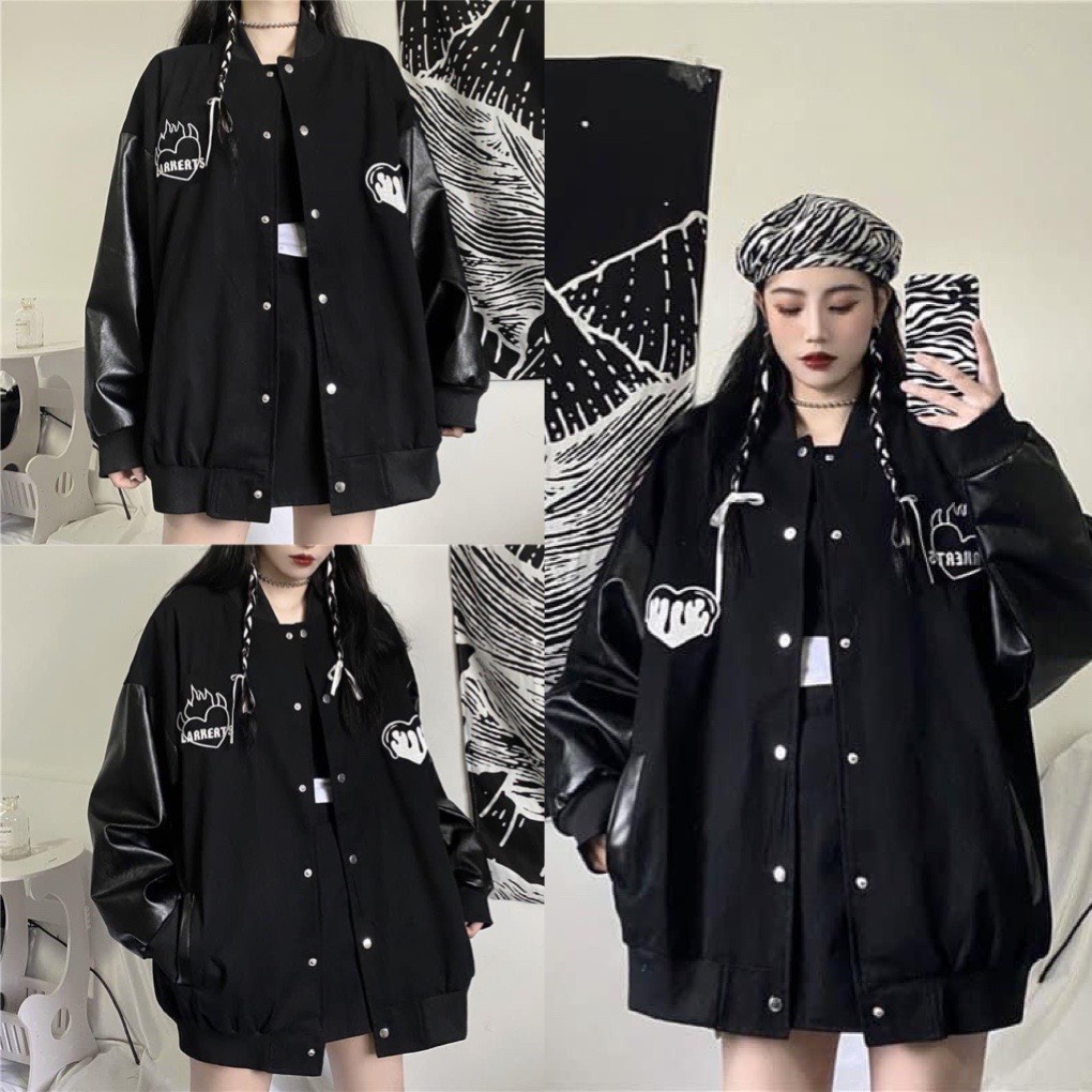 Áo khoác bomber nỉ phối tay da trái tim màu đen- áo bóng chày thể thao nam nữ UNISEX from rộng jackit ulzzang hàn quốc