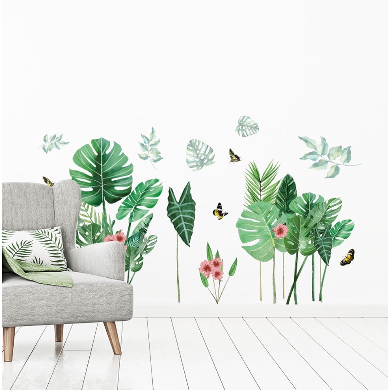 Decal trang trí tường - Lá dương xỉ và những bông hoa hồng nhỏ