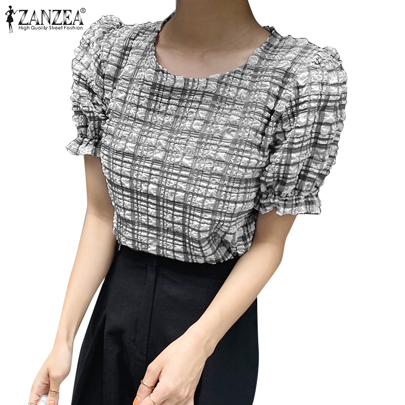 Zanzea Áo Kiểu Tay Ngắn Phồng Cổ Thuyền Họa Tiết Sọc Caro Phong Cách Hàn Quốc Thời Trang Cho Nữ