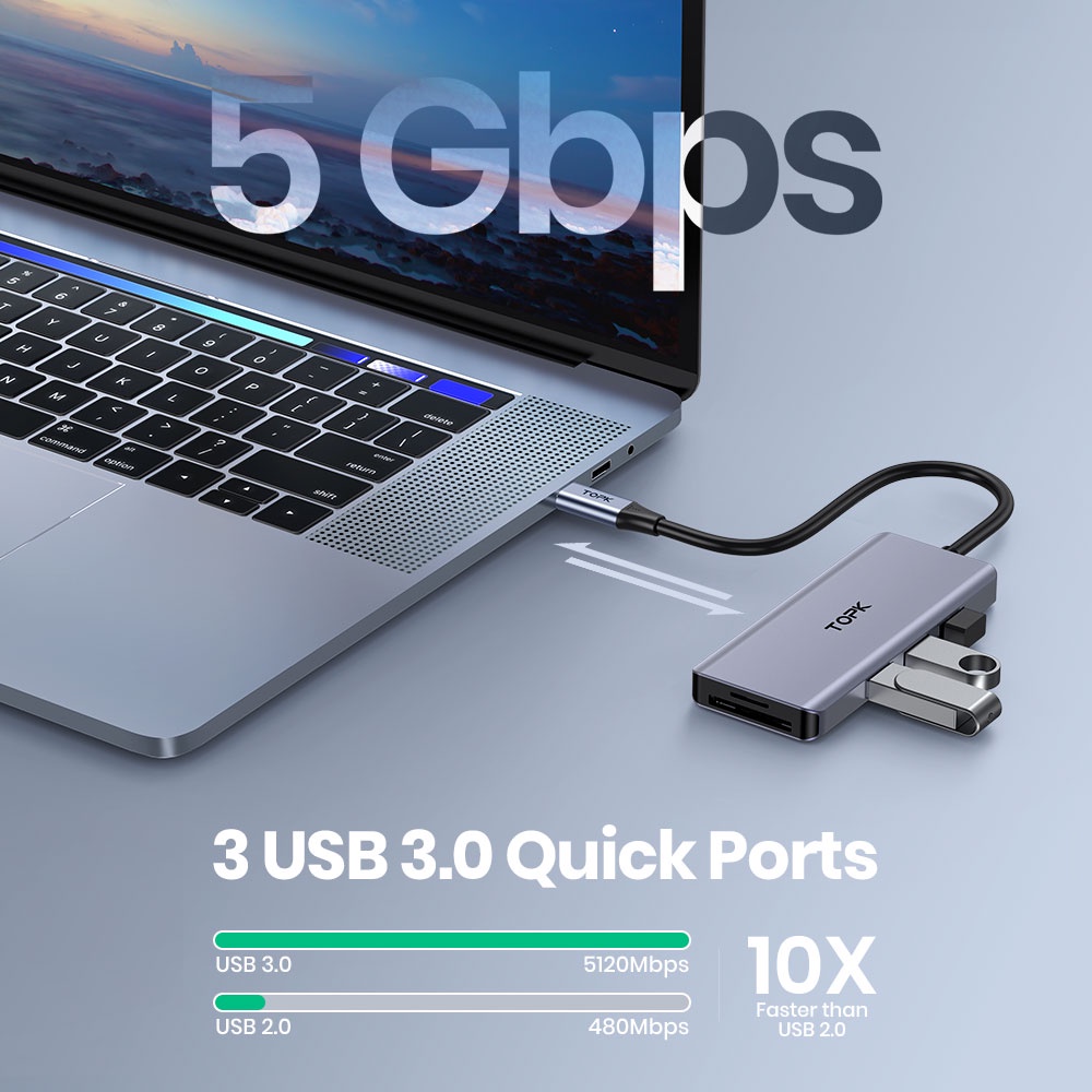 TOPK LH-71 USB C Hub 7 trong 1 Dongle USB-C to HDMI 4K Multiport Adapter, Công suất 100W, 3 cổng USB 3.0 Đầu đọc thẻ SD / TF Tương thích cho MacBook Pro XPS Nhiều thiết bị loại C hơn