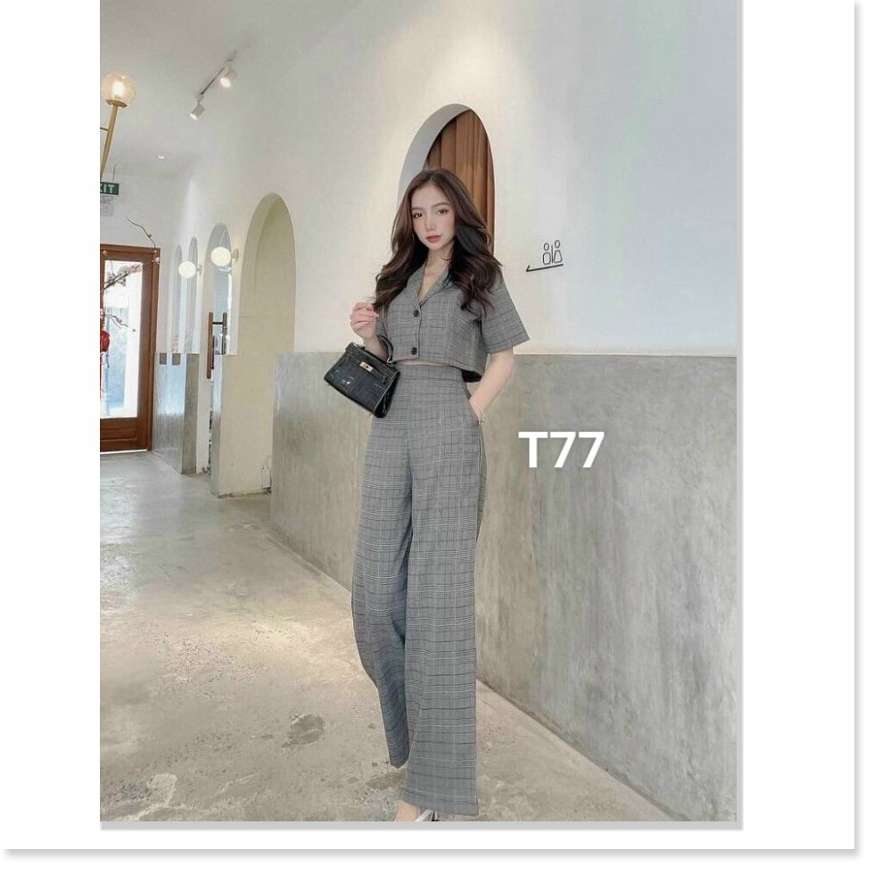 Set bộ cổ vest áo tay ngắn cổ bẻ quần ống đứng chất liệu for T77