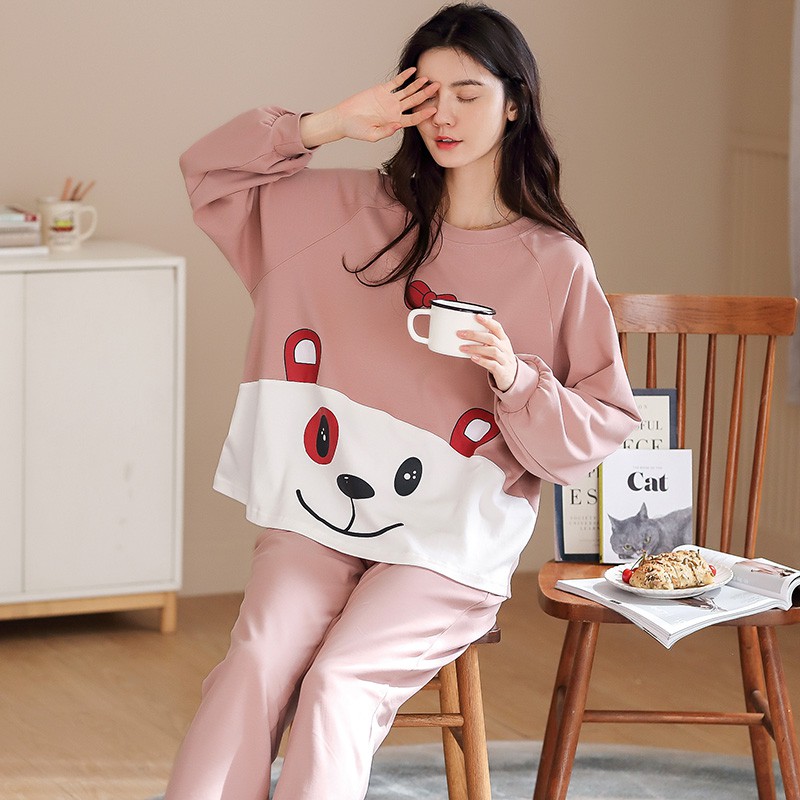 Bộ Đồ Ngủ Pijama Dài Tay Họa Tiết Gấu Đáng Yêu Cho Nữ 2020