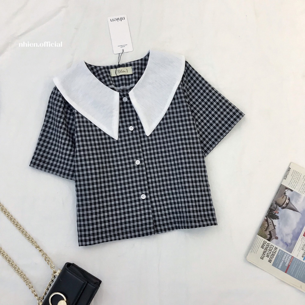 Áo sơ mi caro nữ - áo kiểu nữ caro tay cổ sen ngắn nhiennhienvintage BA71