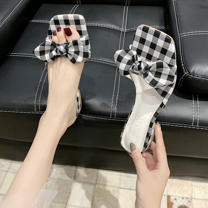 Bowknot Sandals and Slippers Nữ Thời trang mùa hè Đầu vuông lưới Màu đỏ Polka Dot Giày gót thấp Phù hợp Mang dép